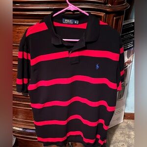Mens XL Short Sleeve Polo by Ralph Lauren Black Polo with Red Stripes